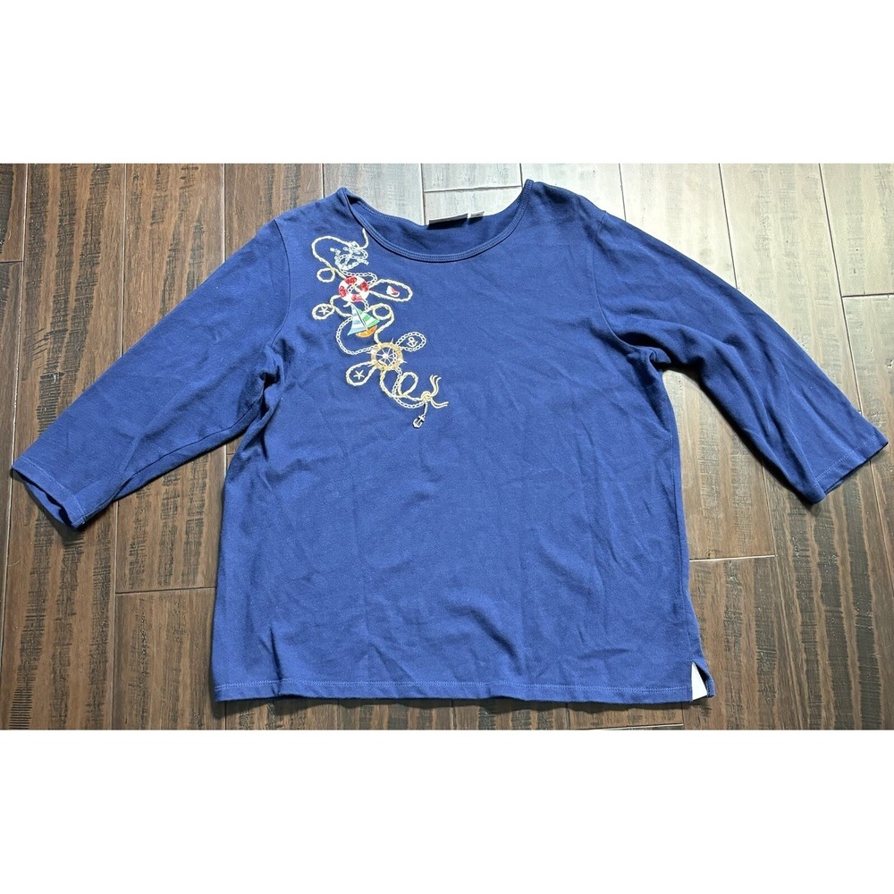 Quaker Factory Shirt Womens L Blue Nautical Anchor Sailboat Coastal Grandma